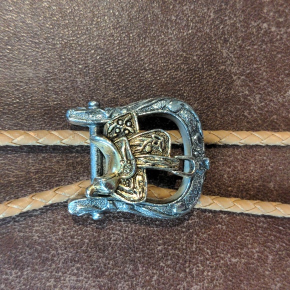 Vintage Western Bolo Necktie w/ Golden Saddle & Silvertone Stirrup Sliding Clip - Picture 2 of 9
